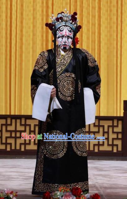 Chained Traps Chinese Peking Opera Laosheng Garment Costumes and Headwear Beijing Opera Jing Role Apparels Martial Male Black Clothing