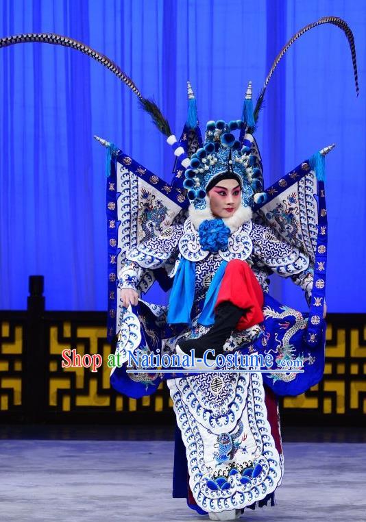 Romance of the Iron Bow Chinese Peking Opera General Armor Suits Garment Costumes and Headwear Beijing Opera Kao Apparels Martial Male Clothing with Flags