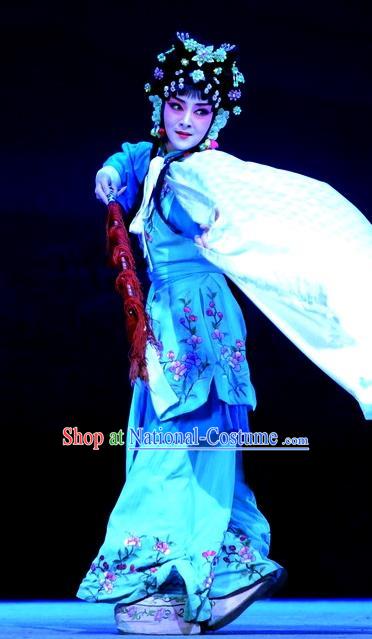 Chinese Beijing Opera Xiaodan Servant Girl Apparels Tian Dao Xing Costumes and Headdress Traditional Peking Opera Li Ruilian Dress Maidservant Garment