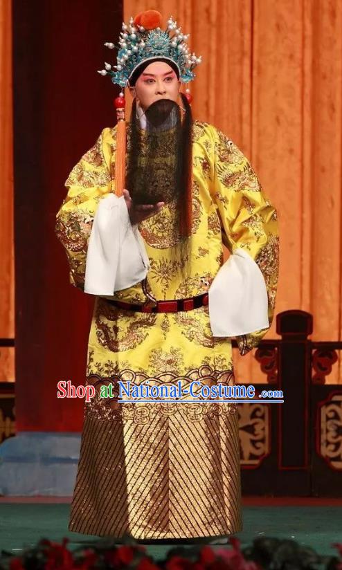 Qing Tian Dao Chinese Peking Opera Emperor Jia Jing Garment Costumes and Headwear Beijing Opera Laosheng Apparels Elderly Male Monarch Clothing