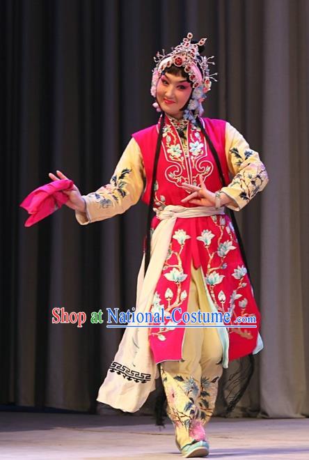 Chinese Beijing Opera Xiaodan Apparels Ba Zhen Tang Costumes and Headpieces Traditional Peking Opera Servant Girl Chun Lan Rosy Dress Garment