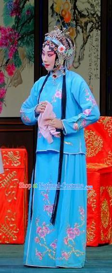 Chinese Beijing Opera Young Beauty Apparels Ba Zhen Tang Costumes and Headpieces Traditional Peking Opera Hua Tan Blue Dress Actress Garment