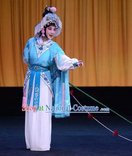 Chinese Beijing Opera Fisher Maiden Apparels Lian Jinfeng Costumes and Headdress Traditional Peking Opera Actress Dress Young Female Blue Garment