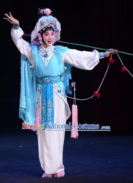 Chinese Beijing Opera Fisher Maiden Apparels Lian Jinfeng Costumes and Headdress Traditional Peking Opera Actress Dress Young Female Blue Garment