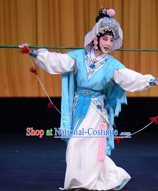 Chinese Beijing Opera Fisher Maiden Apparels Lian Jinfeng Costumes and Headdress Traditional Peking Opera Actress Dress Young Female Blue Garment