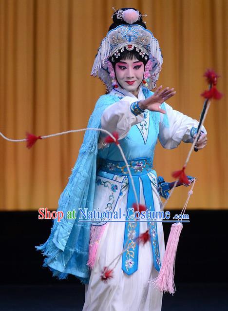 Chinese Beijing Opera Fisher Maiden Apparels Lian Jinfeng Costumes and Headdress Traditional Peking Opera Actress Dress Young Female Blue Garment