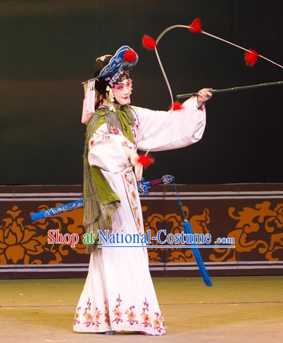 Chinese Beijing Opera Young Female Apparels Lian Jinfeng Costumes and Headdress Traditional Peking Opera Actress Dress Fisher Maiden Garment