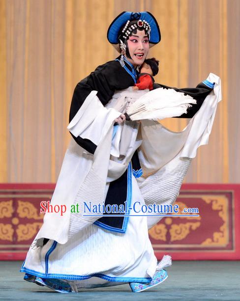 Chinese Beijing Opera Distress Female Apparels Zhan Tai Ping Costumes and Headdress Traditional Peking Opera Tsing Yi Black Dress Garment