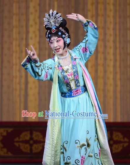 Chinese Beijing Opera Goddess Apparels Costumes and Headdress Petal Sprinkles From Heaven Traditional Peking Opera Hua Tan Blue Dress Garment