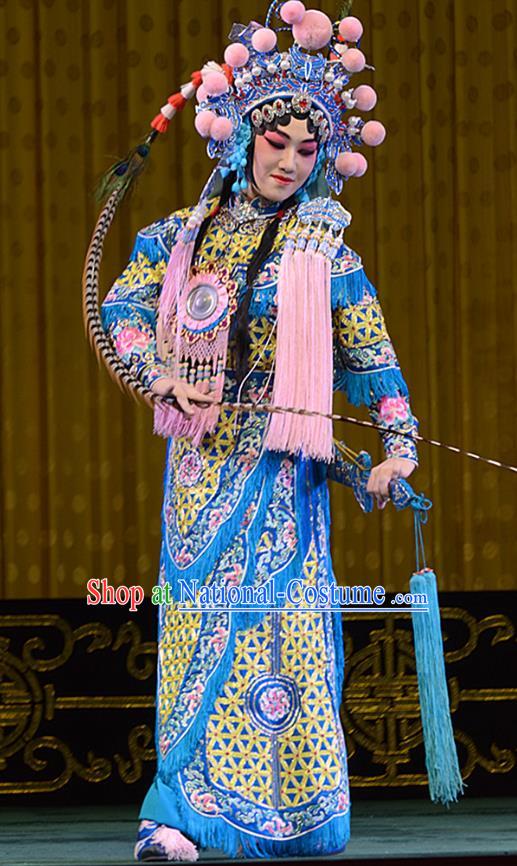 Chinese Beijing Opera Female General Hu Sanniang Apparels Hu Jia Zhuang Costumes and Headdress Traditional Peking Opera Martial Lady Dress Tao Ma Tan Armor Garment