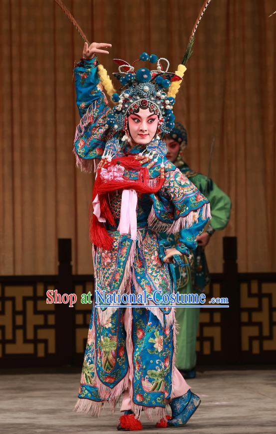 Chinese Beijing Opera Martial Lady Hu Sanniang Apparels Hu Jia Zhuang Costumes and Headdress Traditional Peking Opera Tao Ma Tan Dress Female General Armor Garment