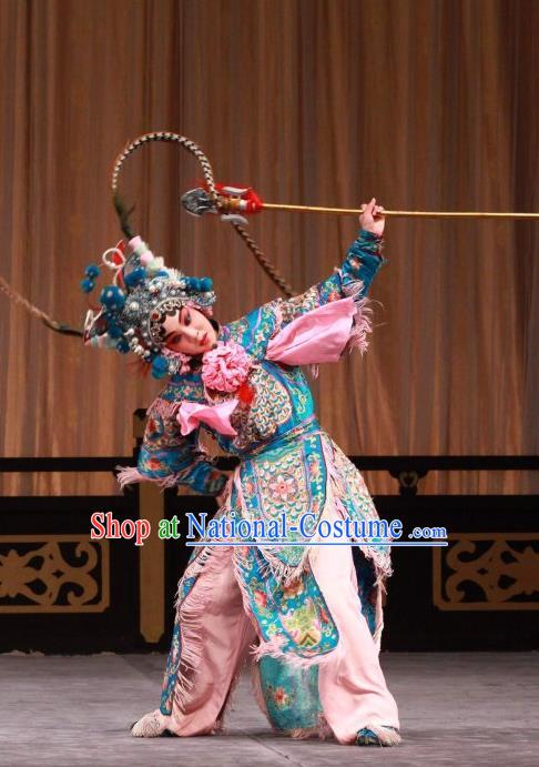 Chinese Beijing Opera Martial Lady Hu Sanniang Apparels Hu Jia Zhuang Costumes and Headdress Traditional Peking Opera Tao Ma Tan Dress Female General Armor Garment