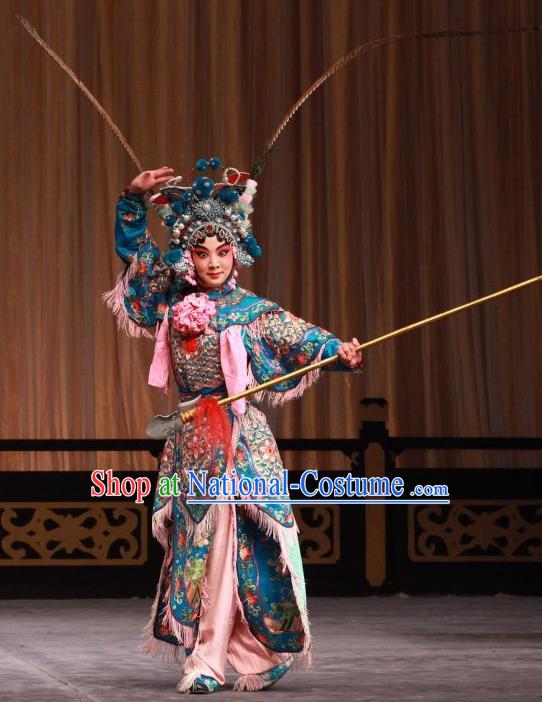 Chinese Beijing Opera Martial Lady Hu Sanniang Apparels Hu Jia Zhuang Costumes and Headdress Traditional Peking Opera Tao Ma Tan Dress Female General Armor Garment