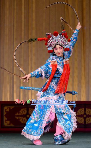 Chinese Beijing Opera Blues Hu Sanniang Apparels Hu Jia Zhuang Costumes and Headdress Traditional Peking Opera Martial Female Dress Armor Garment