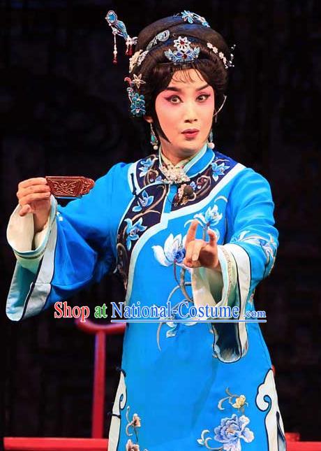 Chinese Beijing Opera Young Female Wang Zhuqing Apparels Yue Zhao Sai Bei Costumes and Headdress Traditional Peking Opera Blue Dress Garment