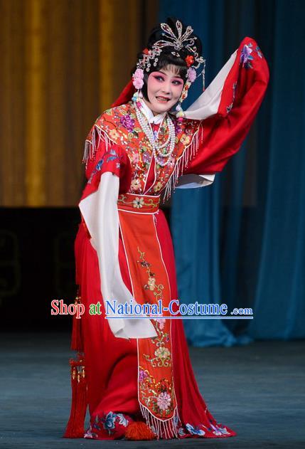 Chinese Beijing Opera Young Beauty Apparels Hongniang Costumes and Headpieces Traditional Peking Opera Xiaodan Red Dress Maidservant Garment