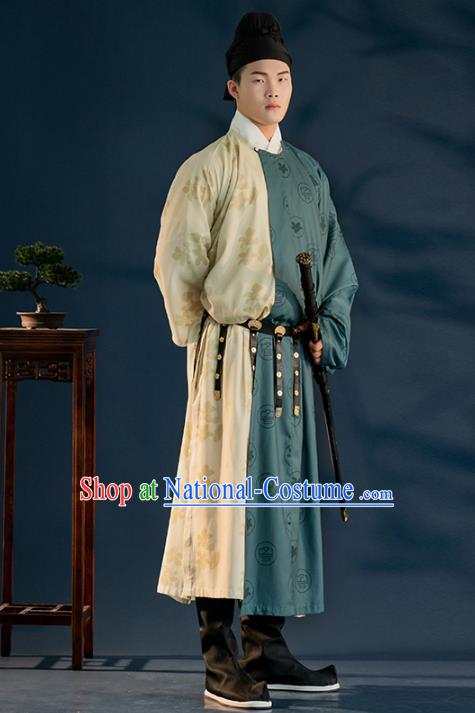 Chinese Ancient Swordsman Hanfu Clothing Traditional Garment Tang Dynasty Young Male Apparels Historical Costumes Round Collar Robe