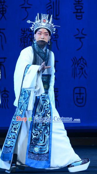 Qu Yuan Chinese Peking Opera Scholar Garment Costumes and Headwear Beijing Opera Elderly Male Apparels Poet Clothing