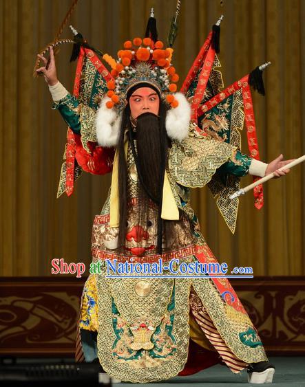 Zhan Jing Tang Chinese Peking Opera General Armor Garment Costumes and Headwear Beijing Opera Martial Male Wu Han Kao Apparels Clothing with Flags