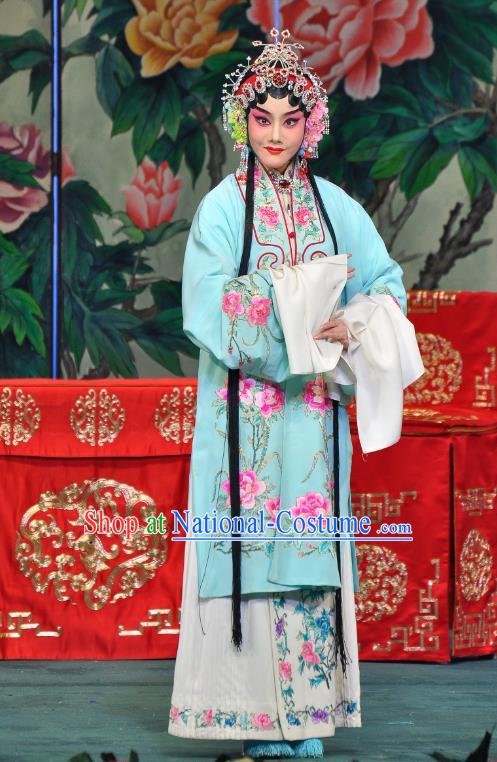 Chinese Beijing Opera Actress Apparels Su Xiaomei Costumes and Headpieces Traditional Peking Opera Hua Tan Blue Dress Diva Garment