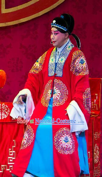 Su Xiaomei Chinese Peking Opera Bridegroom Garment Costumes and Headwear Beijing Opera Xiaosheng Qin Guan Apparels Young Male Wedding Clothing