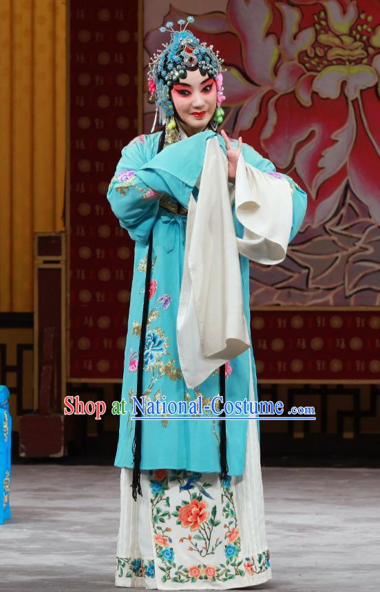 Chinese Beijing Opera Diva Che Jingfang Apparels Shi Wen Hui Costumes and Headpieces Traditional Peking Opera Hua Tan Dress Actress Blue Garment