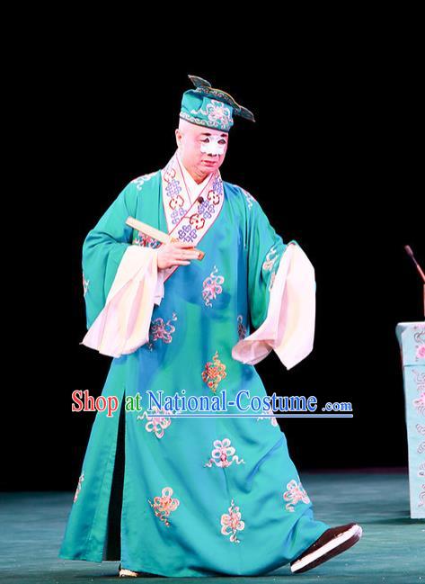 Shi Wen Hui Chinese Peking Opera Bully Garment Costumes and Headwear Beijing Opera Chou Apparels Young Man Niu Siwen Green Robe Clothing