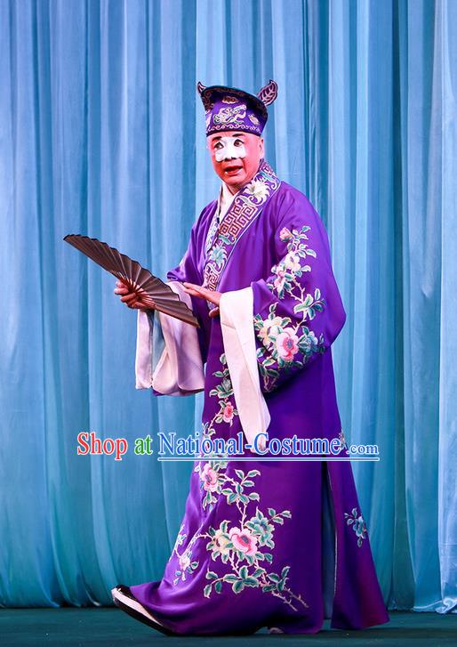 Shi Wen Hui Chinese Peking Opera Bully Niu Siwen Garment Costumes and Headwear Beijing Opera Chou Apparels Young Man Purple Robe Clothing