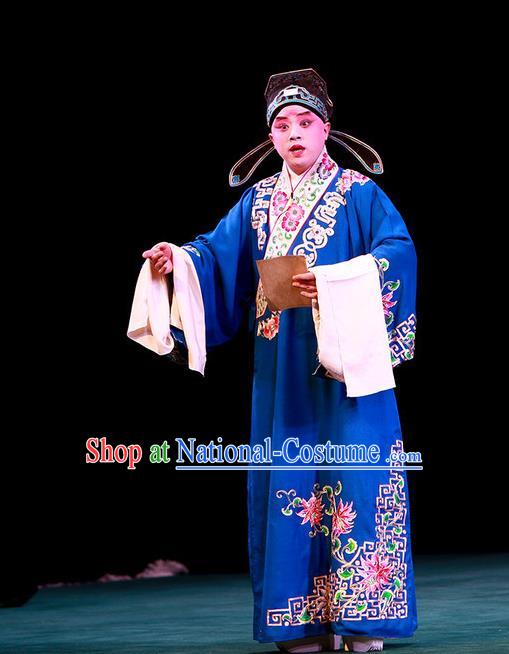 Shi Wen Hui Chinese Peking Opera Gifted Youth Garment Costumes and Headwear Beijing Opera Xiaosheng Apparels Scholar Xie Ying Clothing