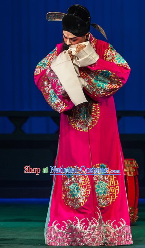 Qin Xianglian Chinese Ping Opera Scholar Chen Shimei Garment Costumes and Headwear Pingju Opera Official Red Apparels Clothing