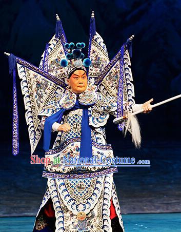 Zhao Tuo Chinese Peking Opera General Kao Suit Garment Costumes and Headwear Beijing Opera Military Officer Apparels Armor Clothing with Flags