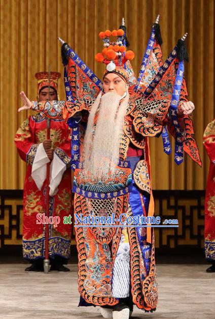 Yi Zhan Cheng Gong Chinese Peking Opera General Yan Yan Kao Suit with Flags Garment Costumes and Headwear Beijing Opera Military Officer Apparels Armor Clothing