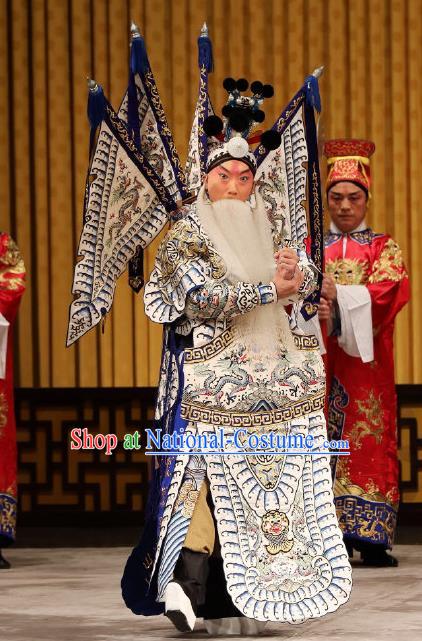 Yi Zhan Cheng Gong Chinese Peking Opera Old Military Officer Kao Garment Costumes and Headwear Beijing Opera General Armor Suit with Flags Apparels Clothing