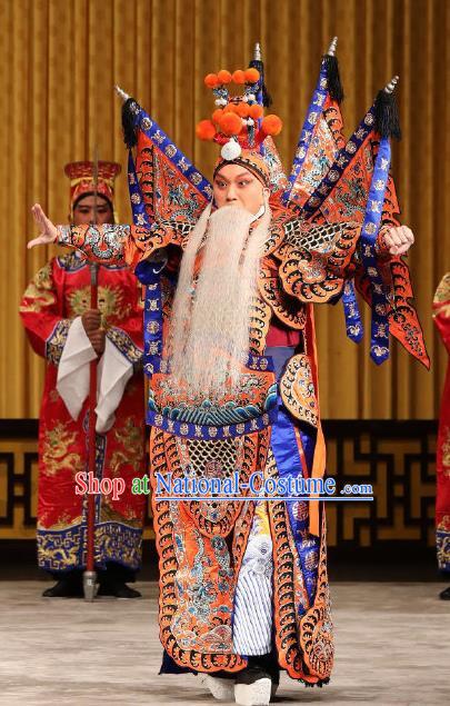 Yi Zhan Cheng Gong Chinese Peking Opera Military Officer Kao Garment Costumes and Headwear Beijing Opera General Orange Armor Suit with Flags Apparels Clothing