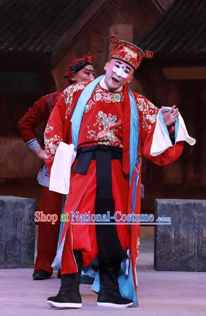 Seven Heros Five Gallants Chinese Peking Opera Chou Role Red Garment Costumes and Headwear Beijing Opera Clown Apparels Clothing