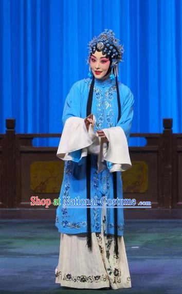 Chinese Beijing Opera Tsing Yi Liu Lanzhi Apparels Costumes and Headpieces Traditional Peking Opera Young Female Blue Dress Distress Maiden Garment