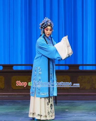 Chinese Beijing Opera Tsing Yi Liu Lanzhi Apparels Costumes and Headpieces Traditional Peking Opera Young Female Blue Dress Distress Maiden Garment