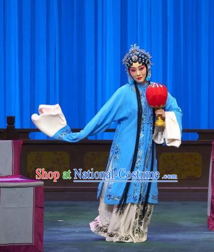 Chinese Beijing Opera Tsing Yi Liu Lanzhi Apparels Costumes and Headpieces Traditional Peking Opera Young Female Blue Dress Distress Maiden Garment