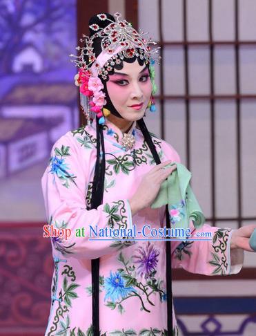 Chinese Beijing Opera Xiao Dan Apparels Liu Lanzhi Costumes and Headpieces Traditional Peking Opera Young Girl Pink Dress Garment