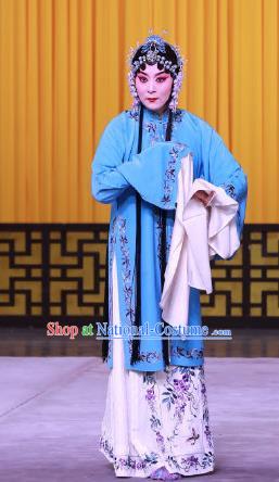 Chinese Beijing Opera Diva Apparels Hong Mu Ma Chou Costumes and Headpieces Traditional Peking Opera Tsing Yi Blue Dress Young Mistress Garment