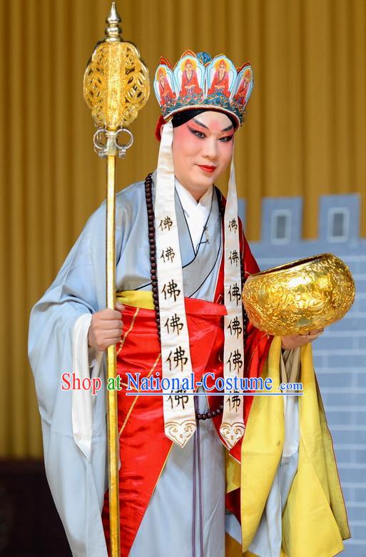 You Liu Dian Chinese Peking Opera Monk Mu Lian Garment Costumes and Headwear Beijing Opera Frock Apparels Clothing