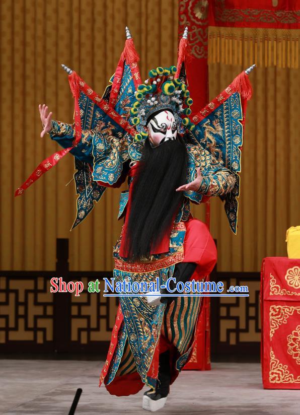 Yang Ping Guan Chinese Peking Opera General Green Armor Garment Costumes and Headwear Beijing Opera Old Man Apparels Kao Suit with Flags Clothing