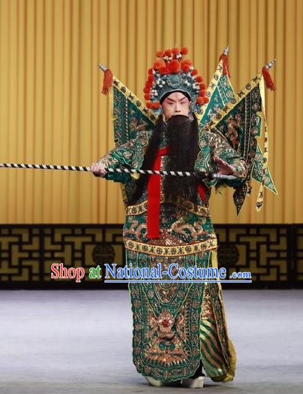 Nan Tian Men Chinese Peking Opera General Green Kao Armor Suit with Flags Garment Costumes and Headwear Beijing Opera Jing Role Apparels Clothing