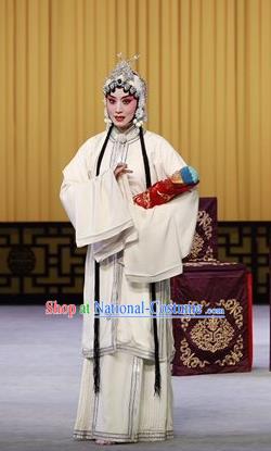 Chinese Beijing Opera Tsing Yi White Apparels Nan Tian Men Costumes and Headpieces Traditional Peking Opera Young Female Dress Distress Maiden Garment