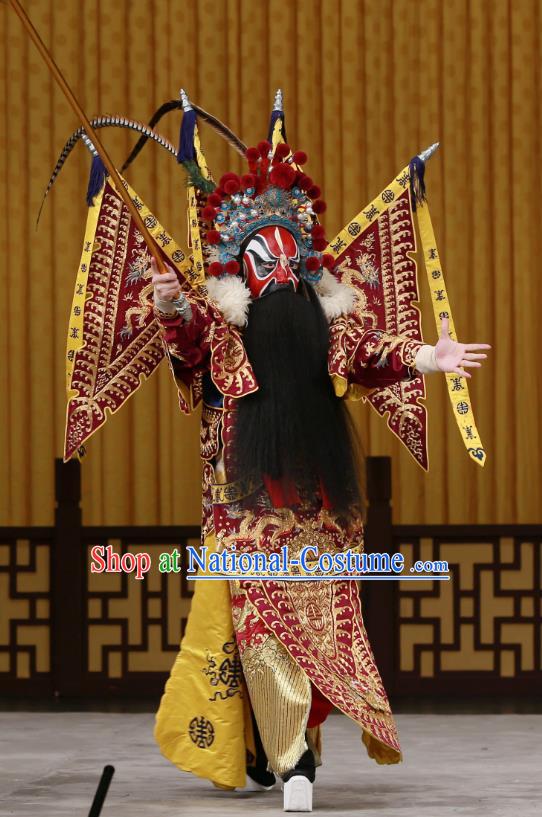 Dingjun Mount Chinese Peking Opera Martial Male Zhang He Armor Garment Costumes and Headwear Beijing Opera Apparels General Kao with Flags Clothing