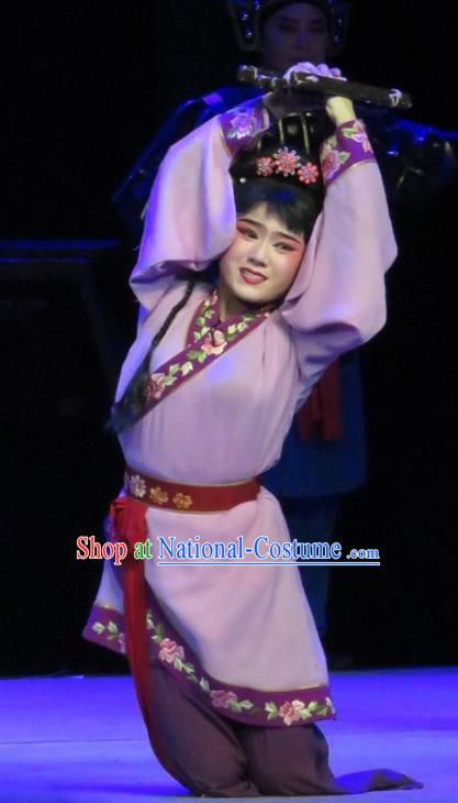 Chinese Ping Opera Maidservant Cai Feng Apparels Costumes and Headpieces Traditional Pingju Opera Saving Orphan Young Lady Purple Dress Garment