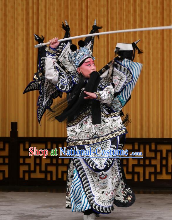 Zhan Wan Cheng Chinese Peking Opera General Armor with Flags Garment Costumes and Headwear Beijing Opera Wusheng Zhang Xiu Kao Apparels Clothing