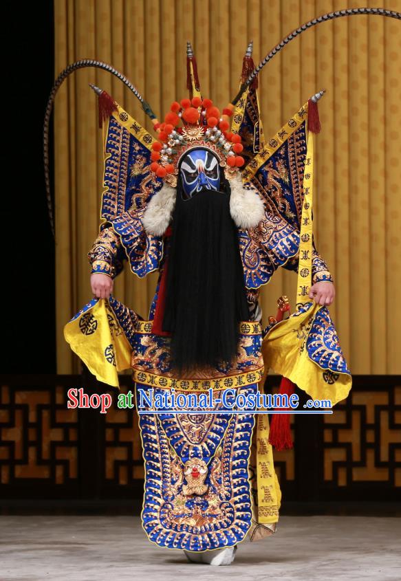 Zhan Wan Cheng Chinese Peking Opera Wusheng Kao Garment Costumes and Headwear Beijing Opera Apparels General Xia Houdun Armor with Flags Martial Male Clothing