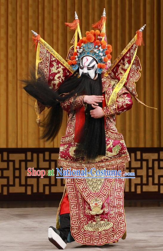 Bei Fa Zhong Yuan Chinese Peking Opera Wusheng Red Kao Garment Costumes and Headwear Beijing Opera General Apparels Armor Clothing with Flags