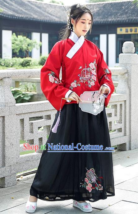 Chinese Traditional Ming Dynasty Patrician Lady Hanfu Dress Ancient Historical Costumes Red Blouse and Black Skirt Complete Set